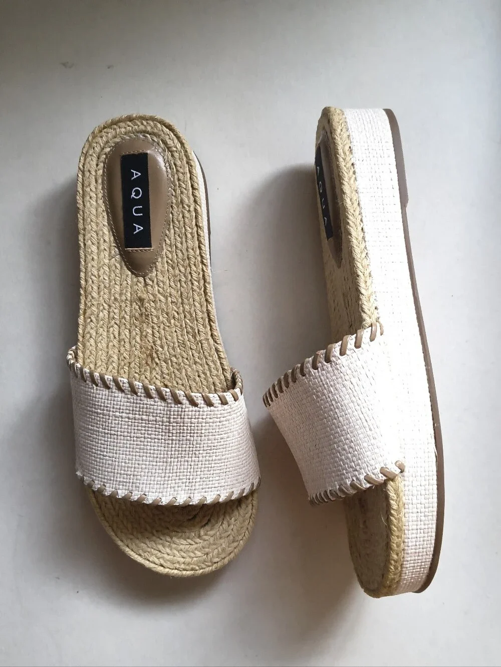 AQUA Cream Woven Espadrille Slide Sandal Whipstitch Platform Size 8.5B NWT